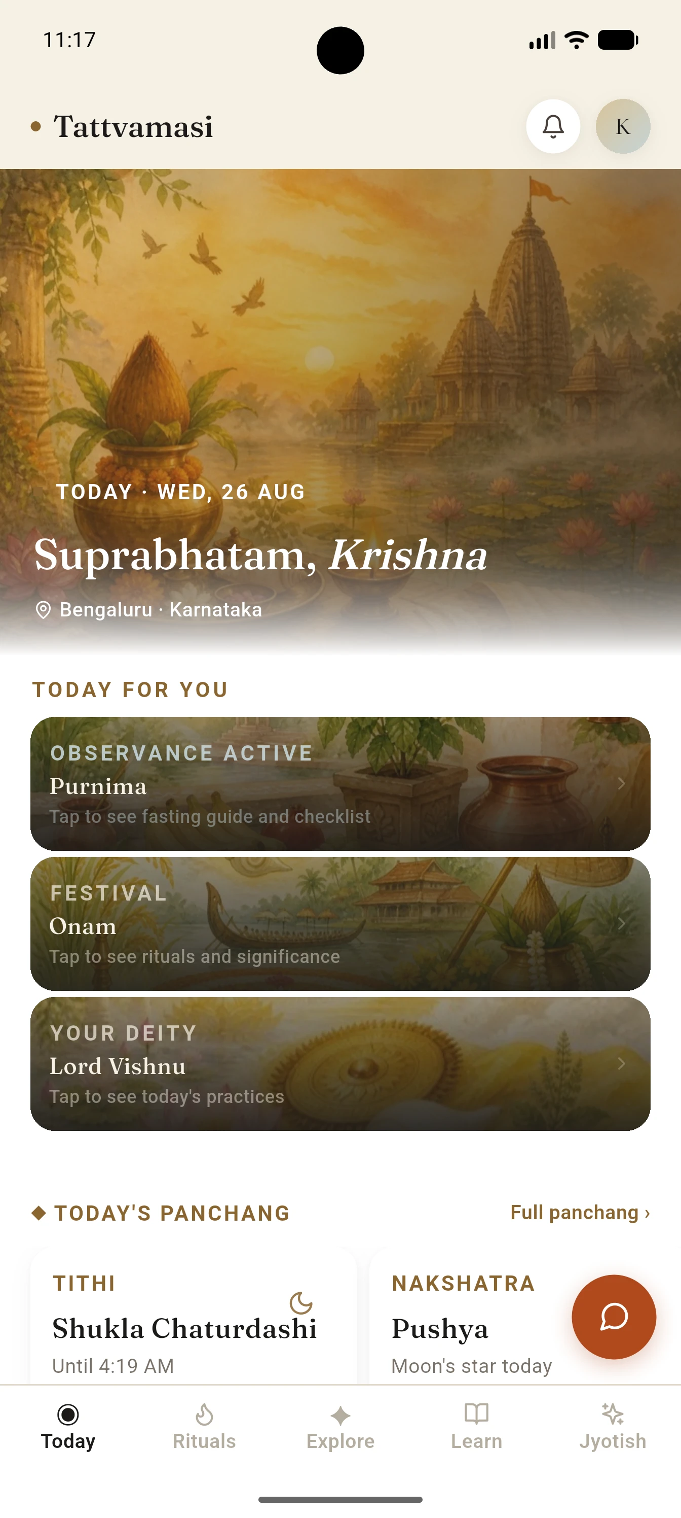 The Tattvamasi Today screen showing daily guidance, panchang and essentials